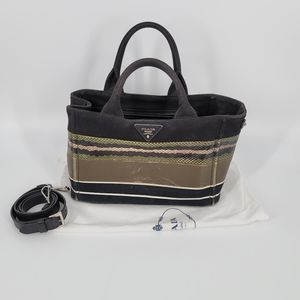 Prada Righe Canvas Leather Tote Mix Patch Green Black Crossbody Strap Dustbag
